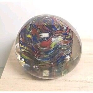 2” Vintage Hand Blown Art Glass Paperweight Multicolor Swirl MCM Retro
